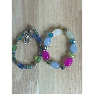 Set of 2 Beaded Bracelets Blue Pink Green with Silver Crab Charm Toggle Clasp